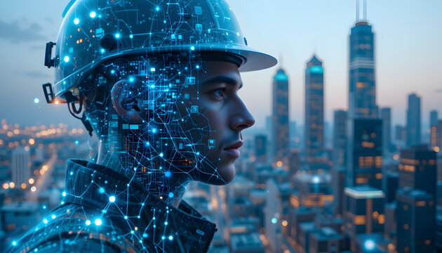 civil engineer with a hard hat blended into holographic digital grids and futuristic smart city buildings, symbolizing technology, AI, and modern construction innovation.
