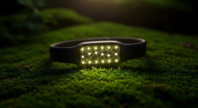 Futuristic smart bracelet with a glowing data display resting on green moss, symbolizing the fusion of nature and advanced wearable technology