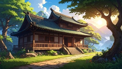 A serene, sunlit Asian-inspired temple nestled amidst lush greenery and rolling hills.