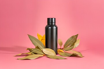  Elegant Black Bottle with Leaves: Product Photography for Cosmetics, Beauty, and Wellness Brands