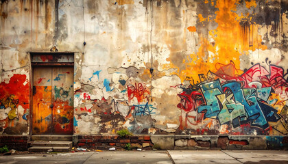 Obraz premium スプレーアート落書きが刻まれた古びた都会のグランジ壁 – Urban Grunge Wall with Weathered Graffiti Marks