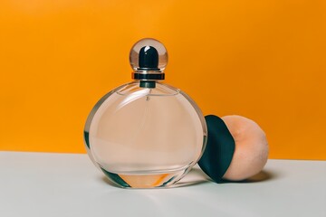 Elegant Perfume Bottle and Powder Puff on Vibrant Orange Background