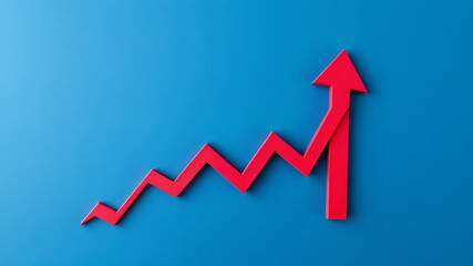 Red upward trend arrow chart showing significant growth and financial progress on a blue gradient background
