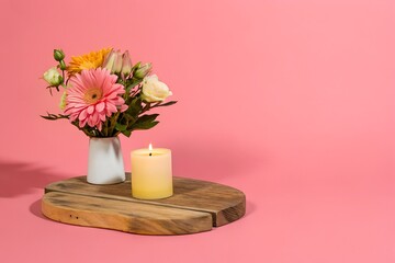Pink Gerbera Daisies, Lit Candle, Wooden Tray