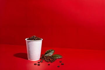 Roasted Coffee Beans in Cup on Vibrant Red Background