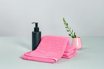  Spa Essentials: Pink Towels, Black Pump Bottle, Minimalist Design