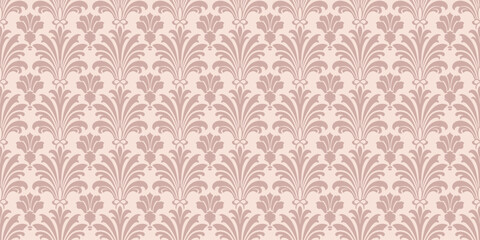 Abstract floral geometric ornament with feathers, leaves, foliage. Luxury art deco seamless pattern. Elegant soft pink design. Vector background in rococo, revival, renaissance, baroque, damask style