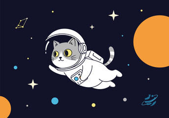 Fototapeta premium Cute fluffy cat astronaut floats through the starry cosmos discovering new planets