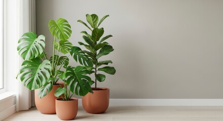 Obraz premium Lush Monstera and Fiddle Leaf Fig plants in terracotta pots, creating a modern indoor oasis.