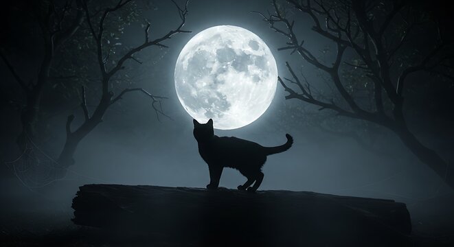 Silhouetted black cat stands on a log, gazing at a large, full moon in a misty, dark forest. - Powered by Adobe