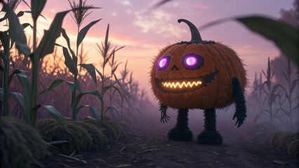 Spooky Pumpkin Character in a Misty Cornfield at Dusk