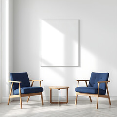 A 3D rendering of a blank poster mockup in an elegant interior featuring blue chairs and wooden furniture on a bright wall background for a modern design presentation concept.