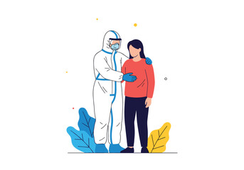 Caring healthcare professional in protective suit comforts a worried woman