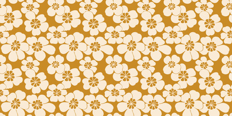 Vector floral seamless pattern. Simple yellow background texture with bold flowers. Retro vintage inspired design. Trendy abstract childish summer pattern. Funky repeat design for print, fabric, decor