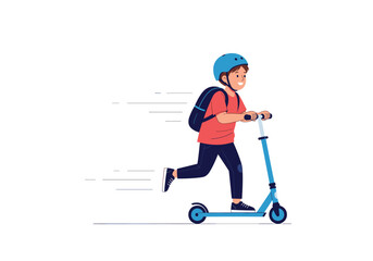 Obraz premium A young boy wearing a helmet and backpack rides his scooter with speed and a smile on his face