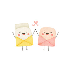 Cute Cartoon Envelopes Watercolor Love Illustration.