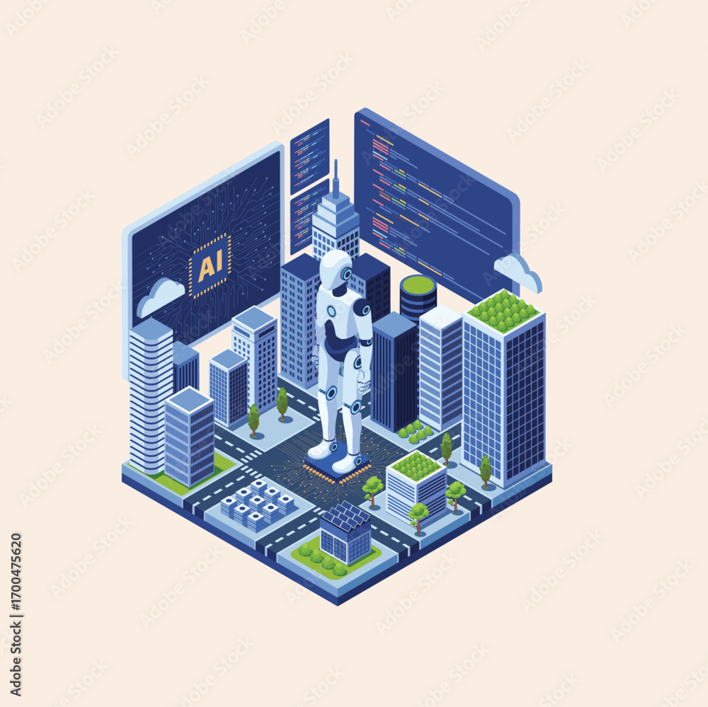 Poster futuristic isometric cityscape integrated with artificial intelligence, showcasing a central robot a