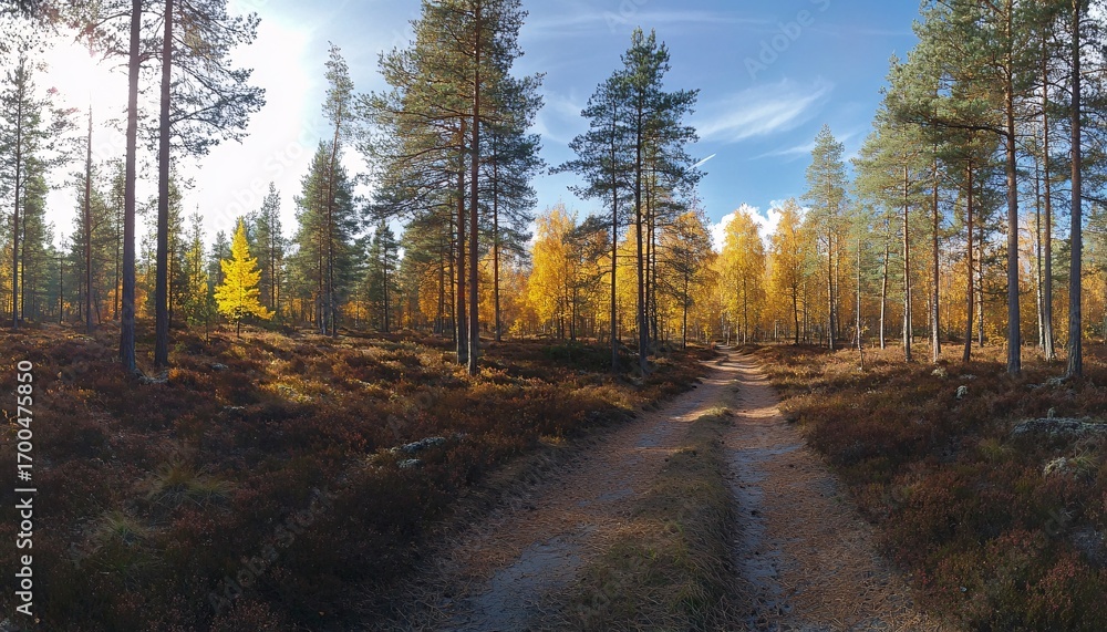 Poster a dirt path winds through a mixed forest showcasing tall pine trees and birch trees with golden autu