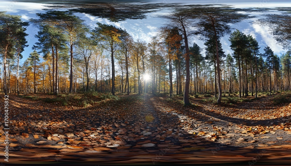 Poster the image shows a 360-degree view of a forest scene in autumn, with sunlight filtering through the t
