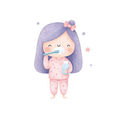 Cute Girl Brushing Teeth Watercolor Child Illustration.