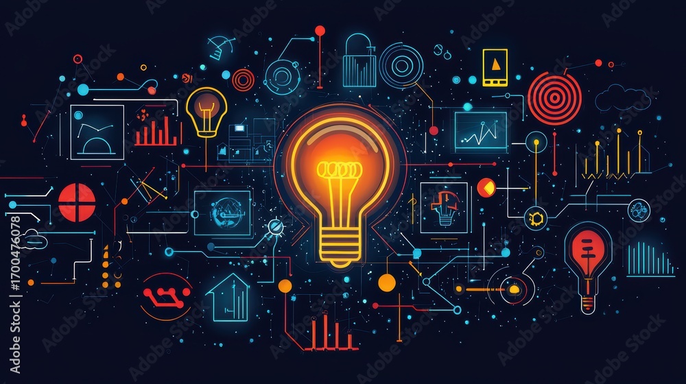 Aufkleber innovative technology graphic featuring lightbulb concept with data analytics, digital network desig