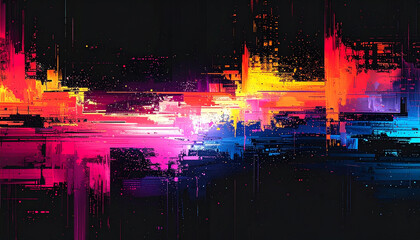 RGBカラーシフトが走る黒背景のデジタルグリッチ – Abstract Digital Glitch Background with RGB Color Shift and Pixel Noise