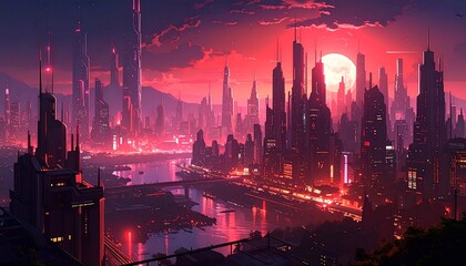 Obraz premium A vibrant, futuristic cityscape glows under a crimson moon, showcasing towering structures and a flowing river.