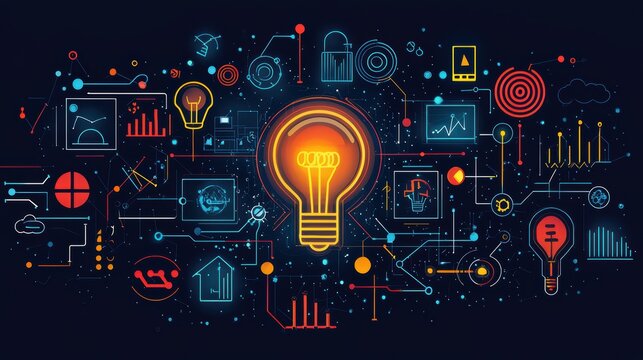 Innovative technology graphic featuring lightbulb concept with data analytics, digital network design, and creative business solutions for modern visualization