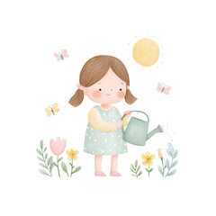 Cute Girl Watering Flowers Springtime Child Illustration.