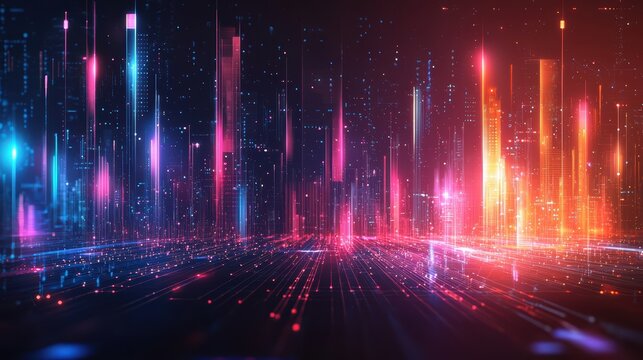 Vibrant digital technology abstract background featuring glowing lights, modern colors, futuristic data visualization, and dynamic energy design elements