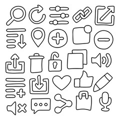 Hand Drawn UI Icons Set, Doodle User Interface Elements, Including Search, Settings, Link, Upload, Download, Share, Like, Heart, Message, Microphone, Music, Notification