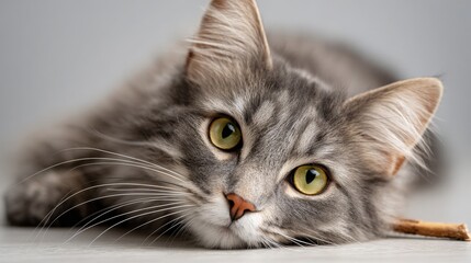Long-haired gray tabby cat with green eyes