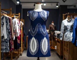 Blue dress with white patterns on a mannequin in a clothing store.