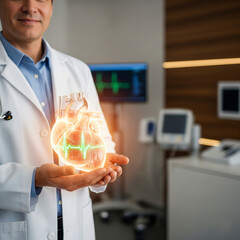 Doctor holding glowing human heart with ECG heartbeat line, representing modern cardiology, health, and medical technology