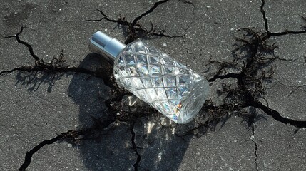 shards. Shattered sunscreen bottle refracting prismatic light with dark vines emerging through cracks. bar promotions, beverage menus, designed for product packaging and bar promotions.