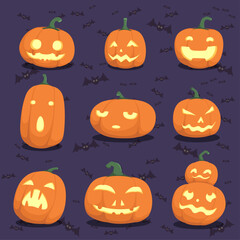 Cute Halloween pumpkins with carved faces and flying bats vector illustration