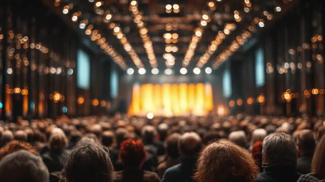 Enthralling Auditorium: A vast, sophisticated auditorium, teeming with a captivated audience. bathed in the soft glow of stage lights, ready to experience a performance.