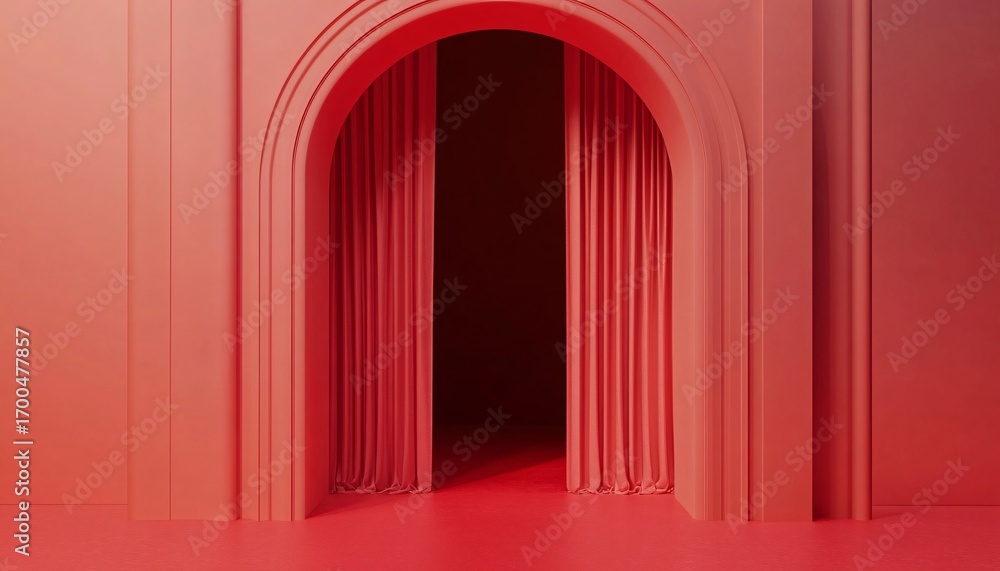 Poster this image shows a 3d render of a minimalist red archway with curtains, set against a solid red back