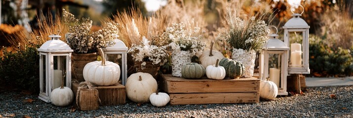 Autumn arrangement featuring white and green pumpkins accompanied by decorative lanterns and floral elements, ideal for seasonal decor inspirations and festive atmospheres.