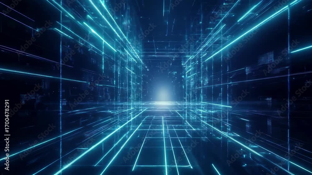 Aufkleber futuristic digital tunnel with glowing blue lines, creating a sci-fi video effect. captured from a c