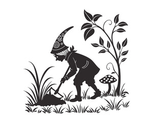 A charming black and white silhouette illustration depicts a fairy-like figure working in a garden
