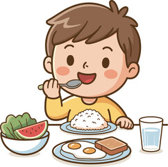 Happy cartoon boy eating breakfast, child enjoying rice and eggs, healthy meal with watermelon and water, cute kid illustration