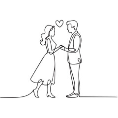 Wedding Couple Continuous Line Art with Heart and Roses Frame
