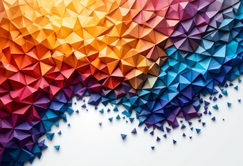 Vibrant colorful geometric triangular shapes pattern blending into scattered fragments on a white