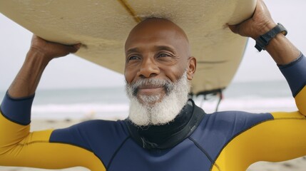 Mature surfer smiling on beach with surfboard, wearing blue and yellow wetsuit