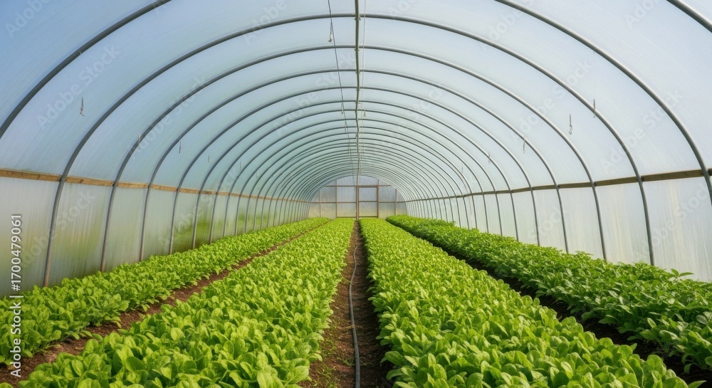 Poster medium shot of a tunnel polyhouse structure sheltering rows of healthy green crops showcasing effici