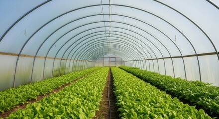Medium shot of a tunnel polyhouse structure sheltering rows of healthy green crops showcasing efficient crop protection in controlled environments.