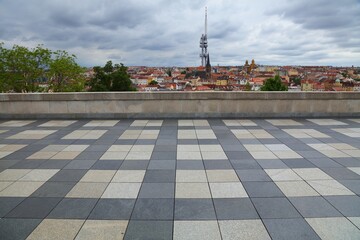 Observatory terrace with cityscape of Prague with Zizkov neighborhood. Prague city, Czech Republic.
