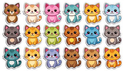 Twelve adorable cartoon cats in various colors, displayed as stickers or similar.