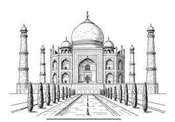 Illustration Of The Taj Mahal A White Monument On A Black Background